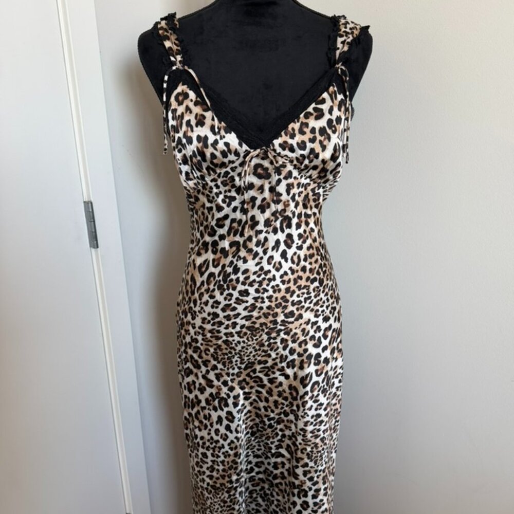 Leopard Print Satin Lace Trim Midi Dress | Small - Picture 1 of 8